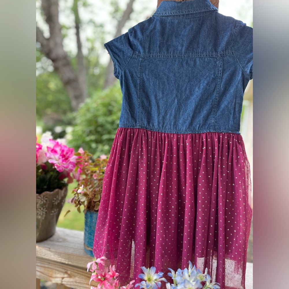 Girl's Guess Blue Denim & Burgundy Shimmer Tulle Skirt 2 Piece Look Dress Size 6 - Picture 7 of 8